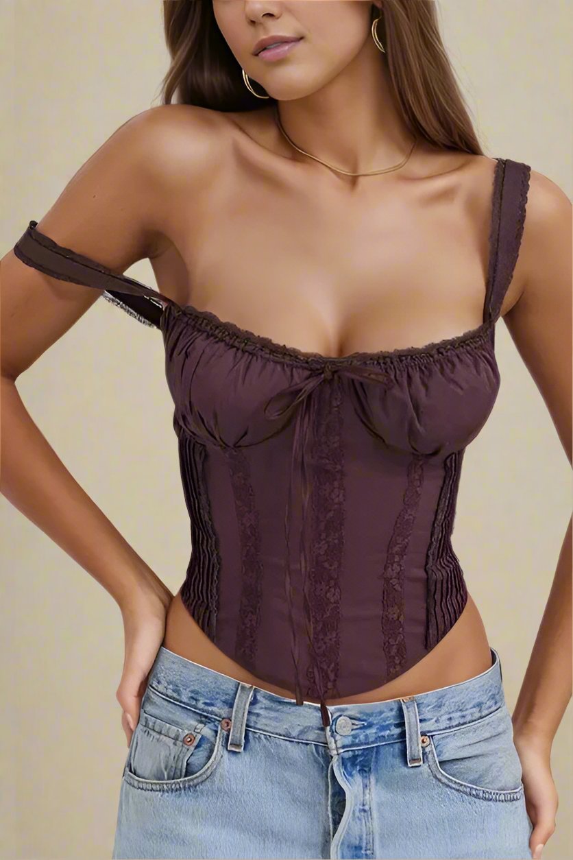 Woman wearing a figure flattering Valerie Corset Crop Top - Tan Brown BODYCON COLLECTION