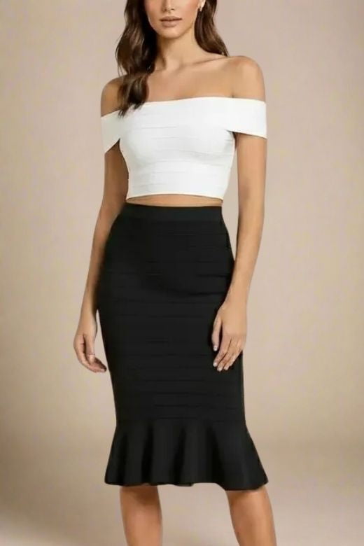 Woman wearing a figure flattering Vera Bandage Off Shoulder Top - White Pearl BODYCON COLLECTION Pty Ltd