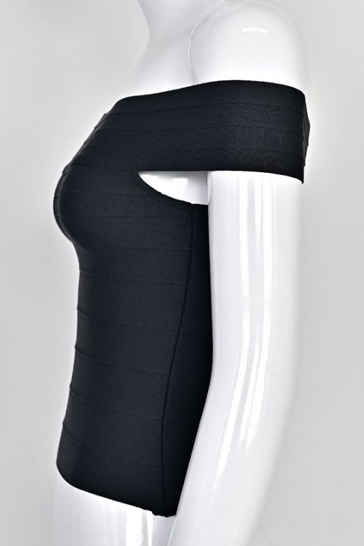 Woman wearing a figure flattering Vera Bandage Off Shoulder Top - White Pearl BODYCON COLLECTION Pty Ltd