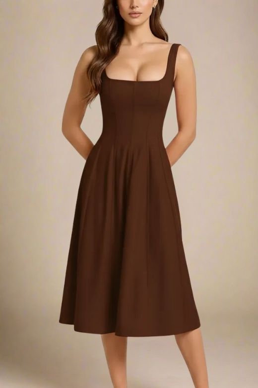 Woman wearing a figure flattering Willa Midi Dress - Chocolate Brown BODYCON COLLECTION Pty Ltd