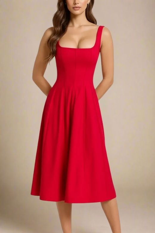 Woman wearing a figure flattering Willa Midi Dress - Lipstick Red BODYCON COLLECTION Pty Ltd
