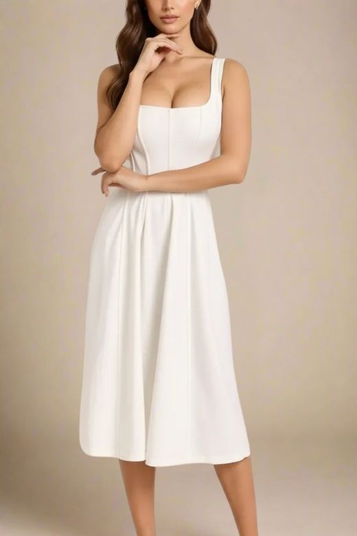 Woman wearing a figure flattering Willa Midi Dress - White Pearl BODYCON COLLECTION Pty Ltd