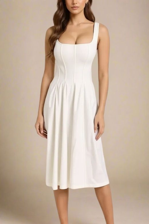 Woman wearing a figure flattering Willa Midi Dress - White Pearl BODYCON COLLECTION Pty Ltd