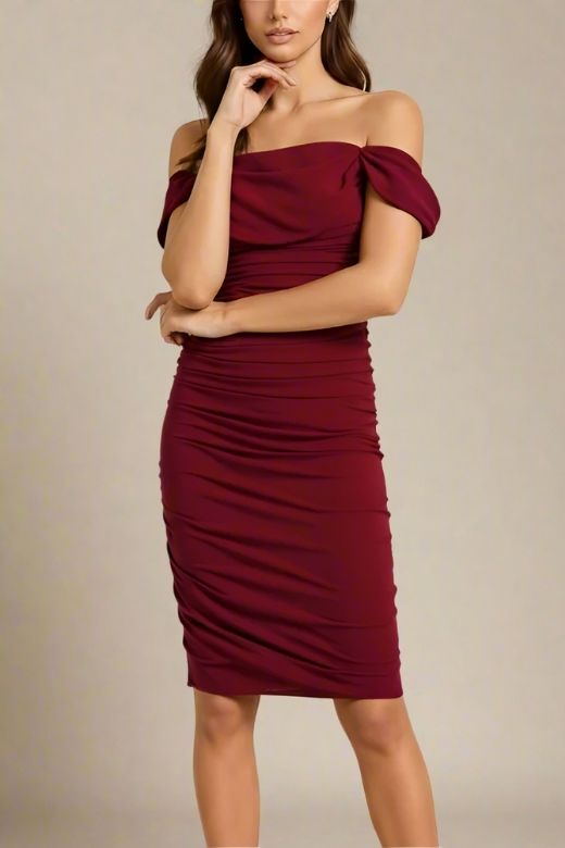 Woman wearing a figure flattering Zia Bodycon Wrap Dress - Red Wine Bodycon Collection