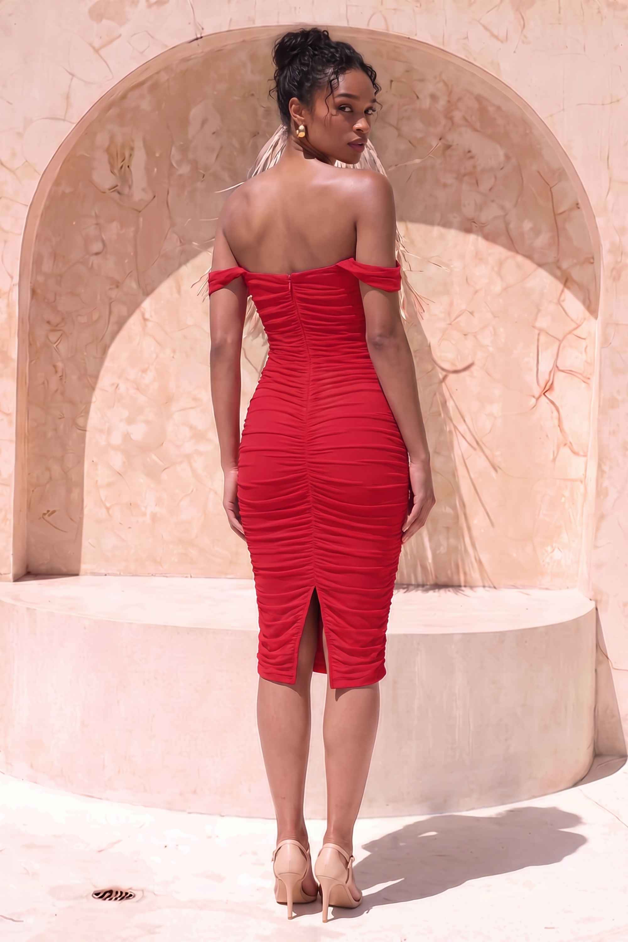 Woman wearing a figure flattering Zia Bodycon Wrap Dress - Red Wine Bodycon Collection