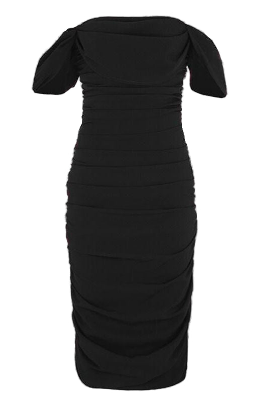 Woman wearing a figure flattering Zia Bodycon Wrap Midi Dress - Classic Black Bodycon Collection