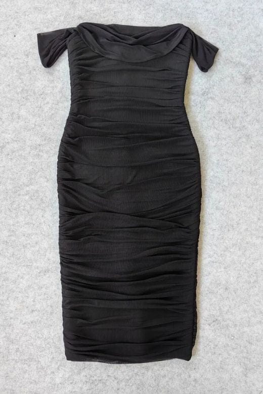 Woman wearing a figure flattering Zia Bodycon Wrap Midi Dress - Classic Black Bodycon Collection
