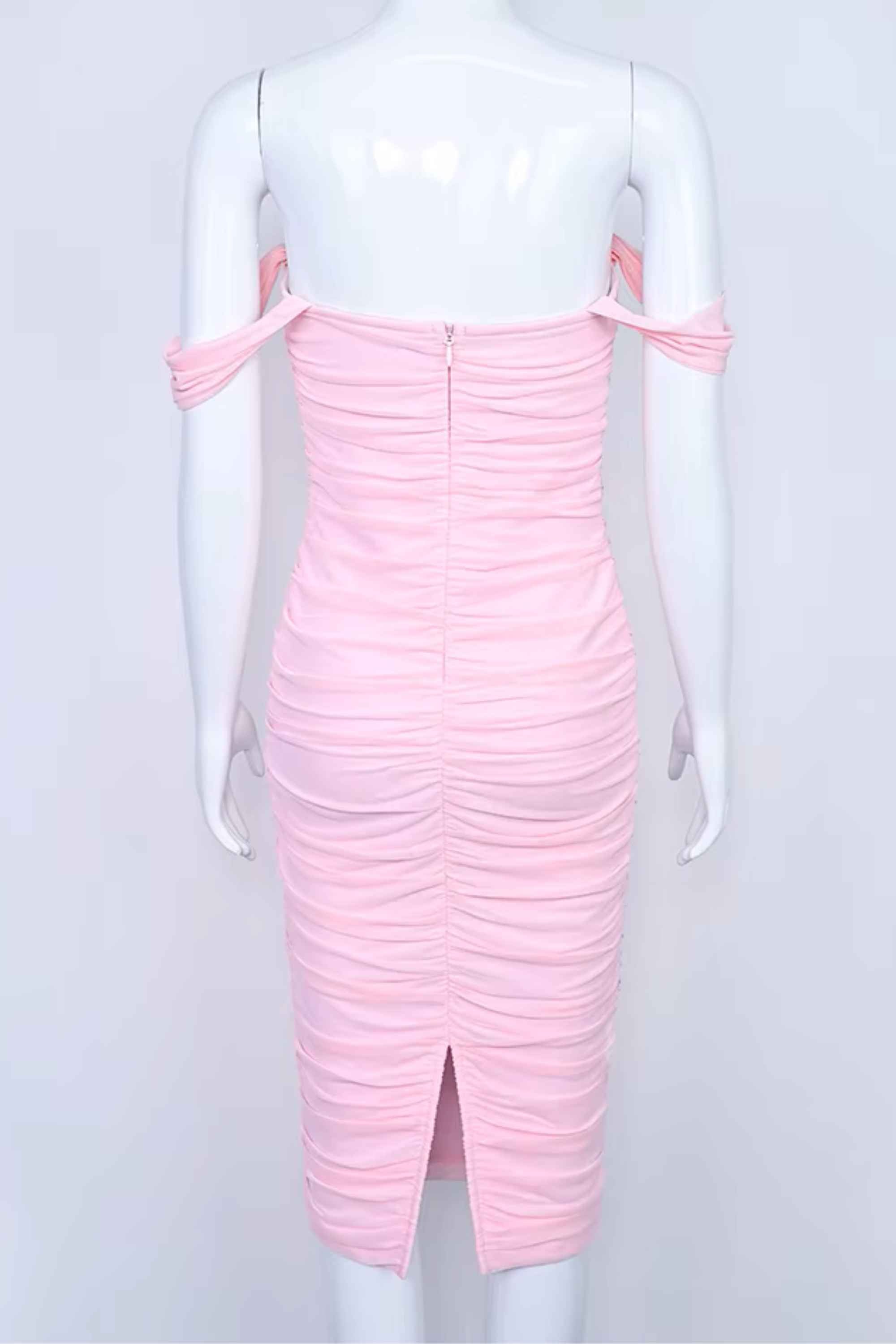 Woman wearing a figure flattering Zia Bodycon Wrap Midi Dress - Dusty Pink Bodycon Collection