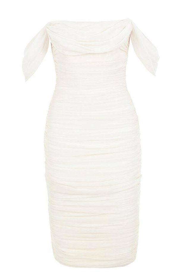 Woman wearing a figure flattering Zia Bodycon Wrap Midi Dress - Pearl White Bodycon Collection