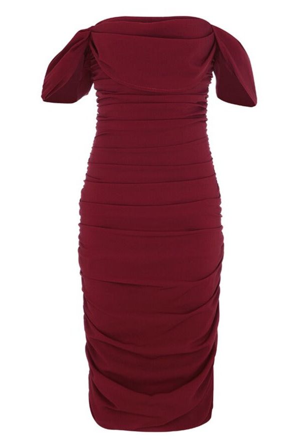 Woman wearing a figure flattering Zia Bodycon Wrap Midi Dress - Red Wine Bodycon Collection