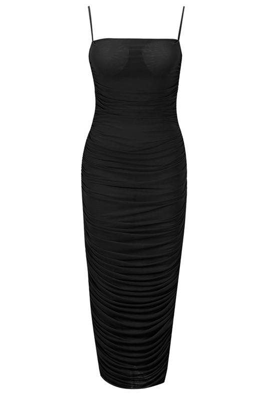 Woman wearing a figure flattering Zoe Bodycon Wrap Maxi Dress - Classic Black Bodycon Collection