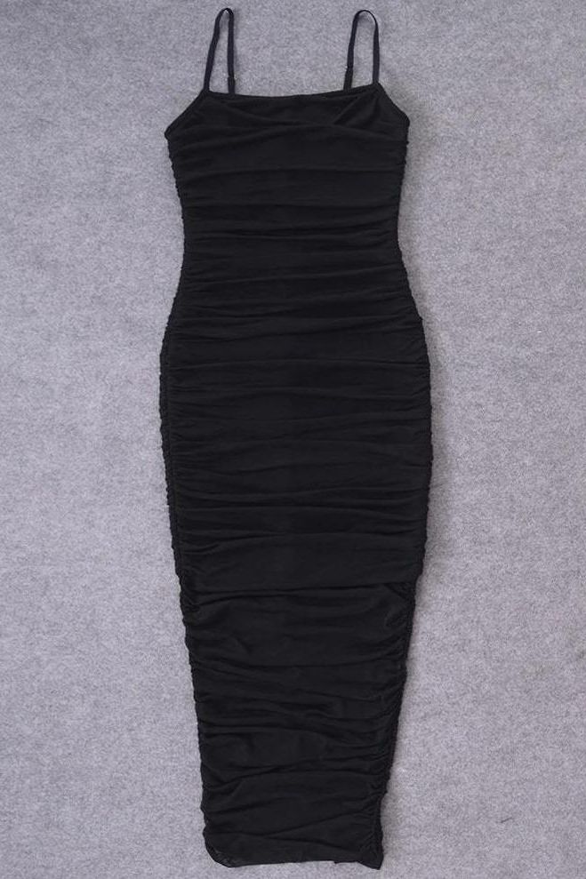 Woman wearing a figure flattering Zoe Bodycon Wrap Maxi Dress - Classic Black Bodycon Collection