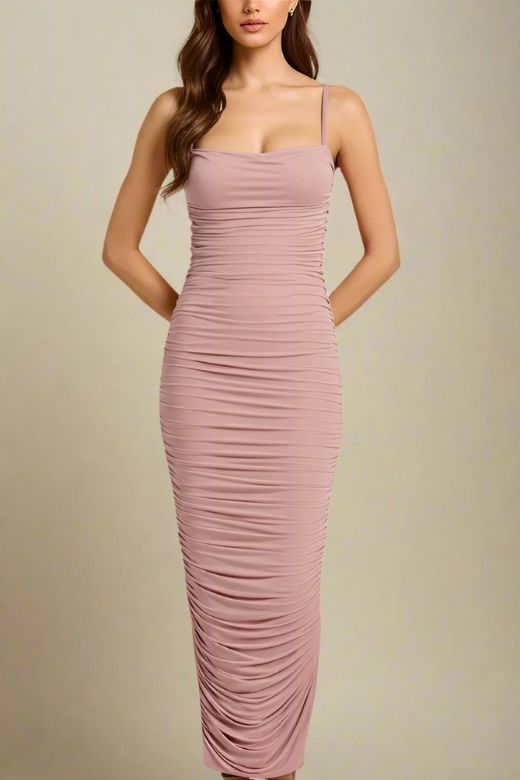 Woman wearing a figure flattering Zoe Bodycon Wrap Maxi Dress - Tan Brown Bodycon Collection