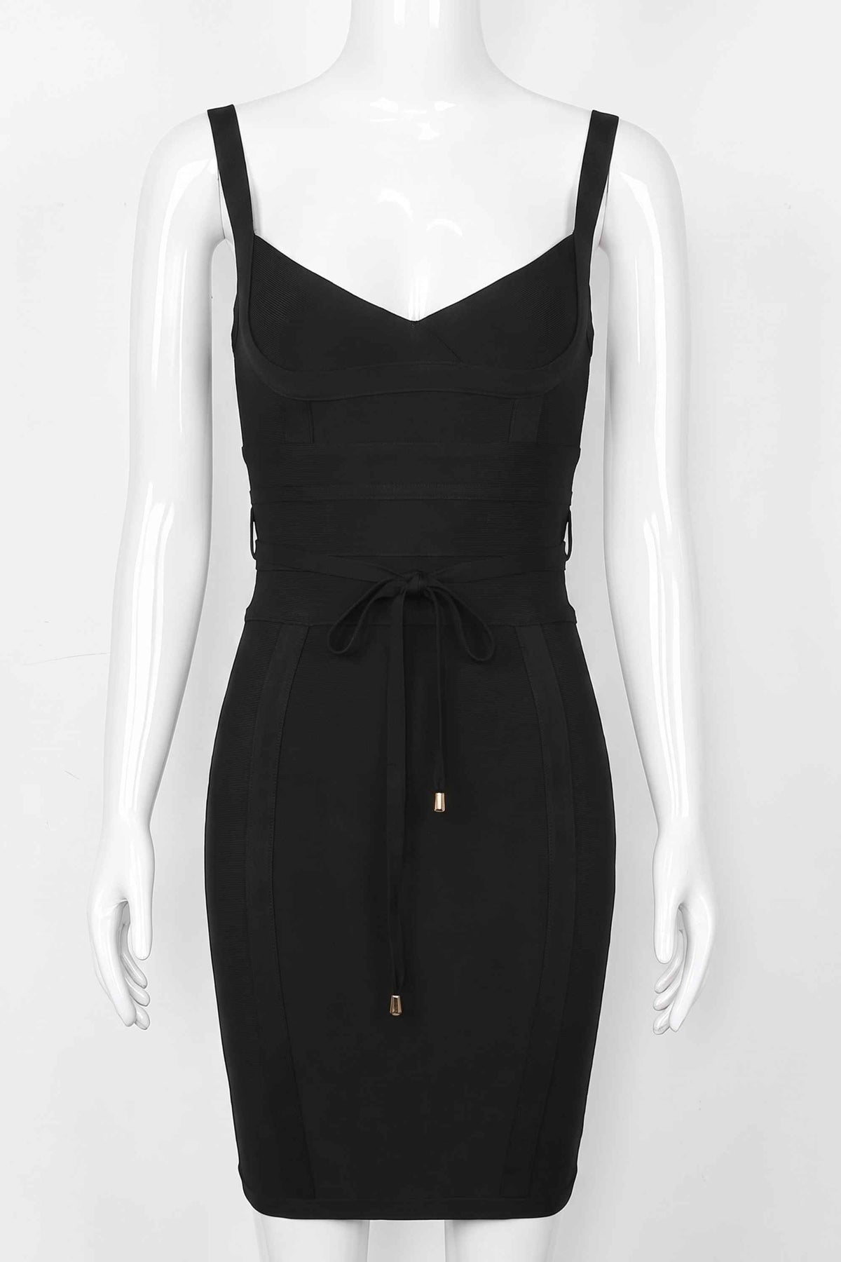 Woman wearing a figure flattering Bek Bandage Dress - Classic Black Bodycon Collection