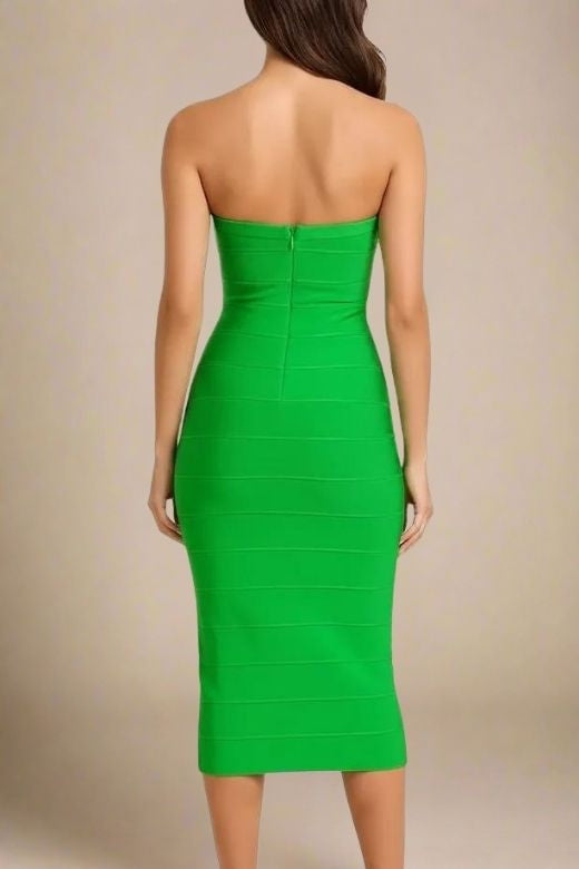 Woman wearing a figure flattering  Aaliyah Bandage Midi Dress - Neon Green BODYCON COLLECTION Pty Ltd