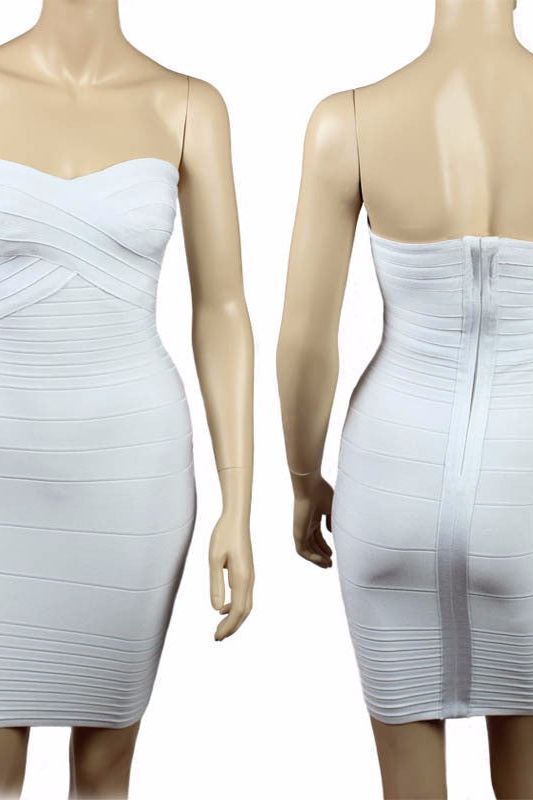 Woman wearing a figure flattering  Aaliyah Bandage Mini Dress - Pearl White BODYCON COLLECTION