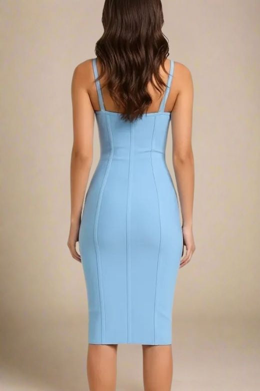 Woman wearing a figure flattering  Abi Bandage Dress - Sky Blue Bodycon Collection