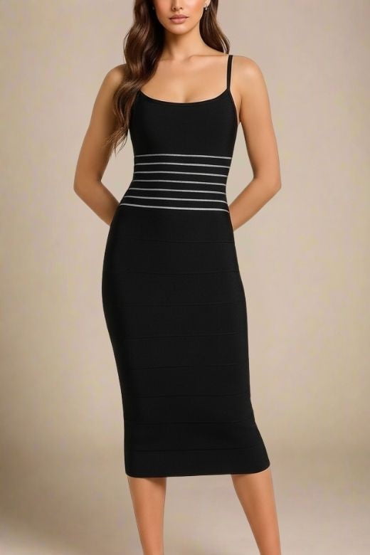 Woman wearing a figure flattering  Abigail Bodycon Midi Dress - Classic Black BODYCON COLLECTION Pty Ltd