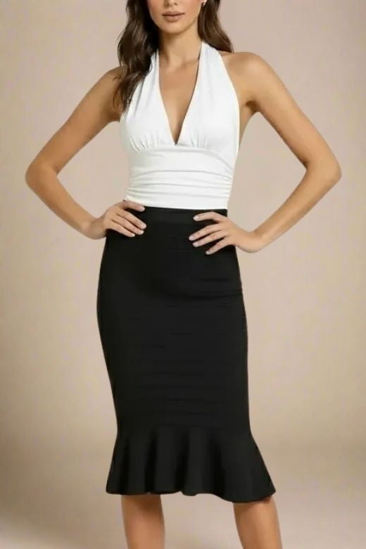 Woman wearing a figure flattering  Aby Halter Neck Top - White Pearl BODYCON COLLECTION Pty Ltd