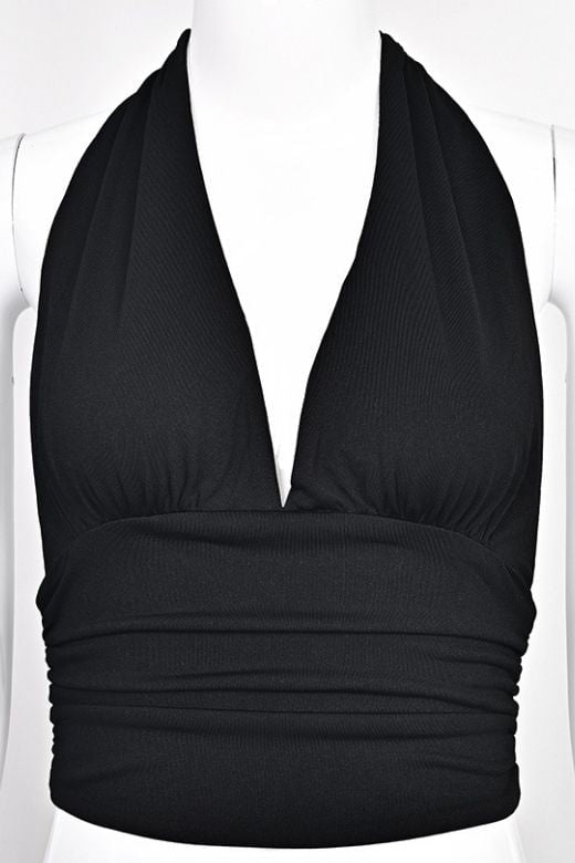 Woman wearing a figure flattering  Aby Halter Top - Classic Black BODYCON COLLECTION Pty Ltd