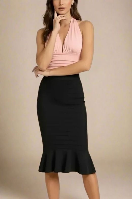 Woman wearing a figure flattering  Aby Halter Top - Pink Peach Fuzz BODYCON COLLECTION Pty Ltd