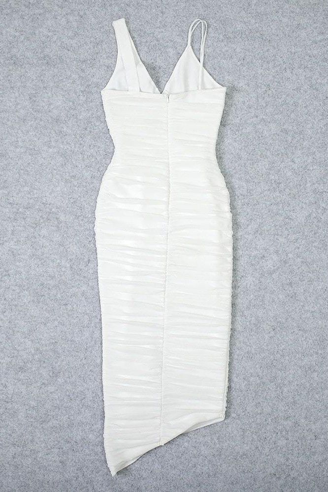 Woman wearing a figure flattering  Adele Bodycon Wrap Midi Dress - Pearl White BODYCON COLLECTION