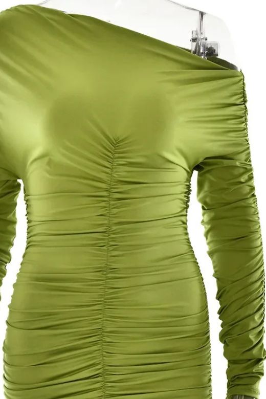 Woman wearing a figure flattering  Alessandra Long Sleeve Wrap Bodycon Mini Dress - Pickle Green BODYCON COLLECTION