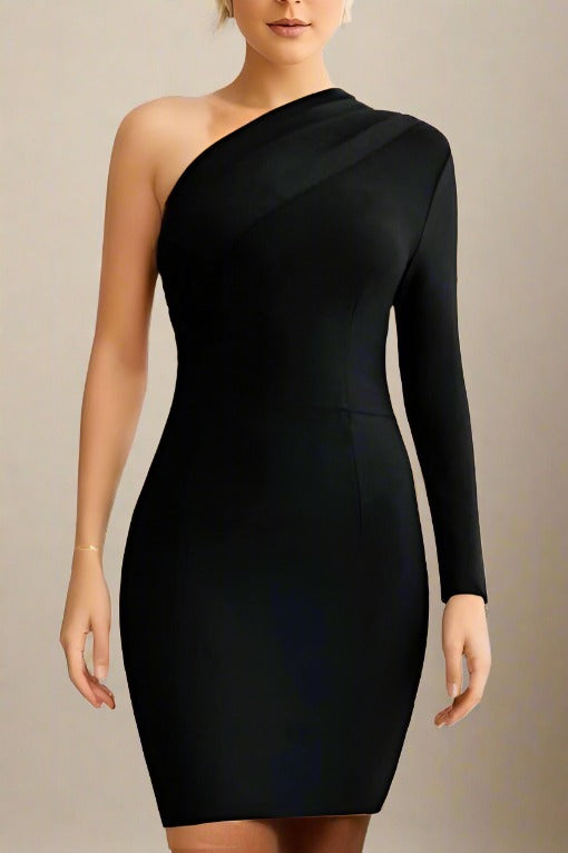 Woman wearing a figure flattering  Ally Long Sleeve Bodycon Mini Dress - Classic Black BODYCON COLLECTION