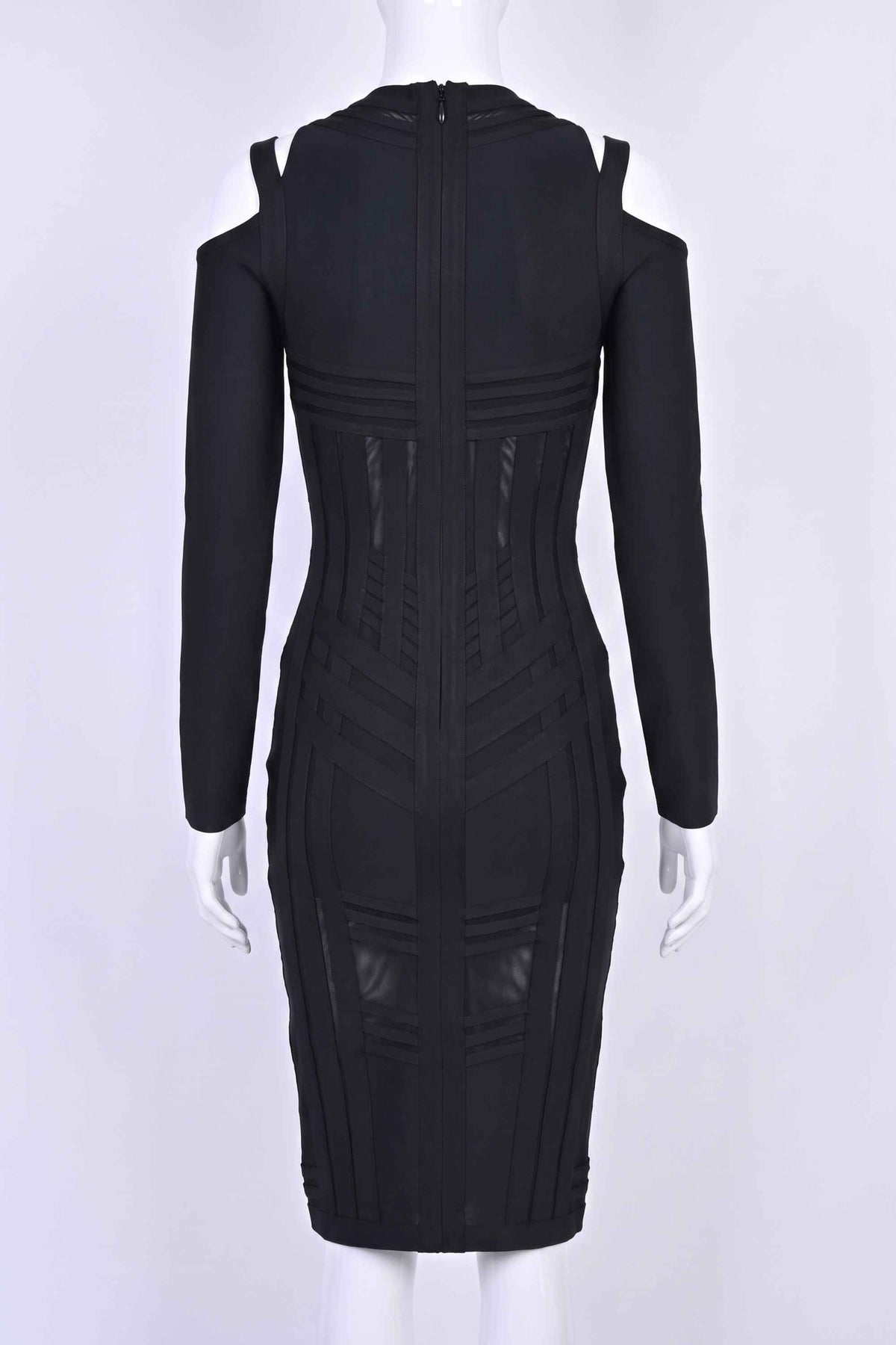 Woman wearing a figure flattering  Amelia Long Sleeve Bandage Dress - Classic Black BODYCON COLLECTION