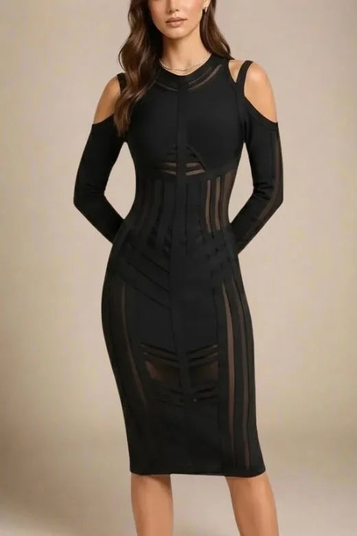 Woman wearing a figure flattering  Amelia Long Sleeve Bandage Dress - Classic Black BODYCON COLLECTION