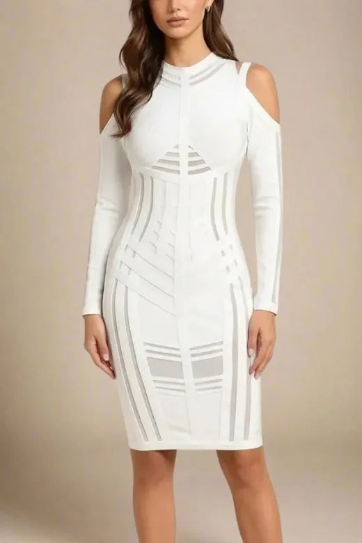 Woman wearing a figure flattering  Amelia Long Sleeve Bandage Dress - Pearl White BODYCON COLLECTION