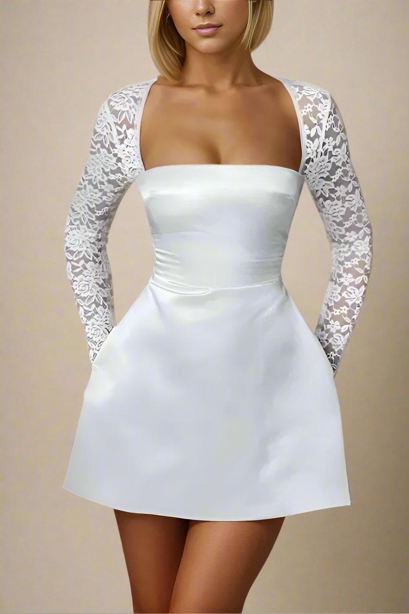 Woman wearing a figure flattering  Andy Long Sleeve Mini Dress - Pearl White BODYCON COLLECTION