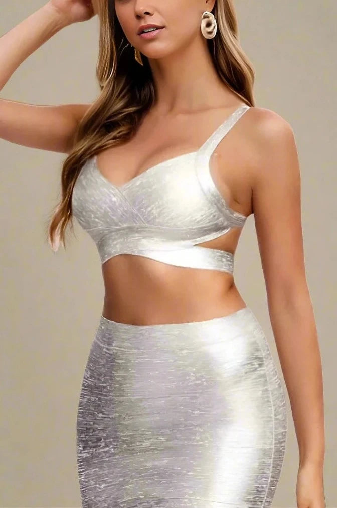 Woman wearing a figure flattering  Ang Bandage Crop Top - Silver BODYCON COLLECTION