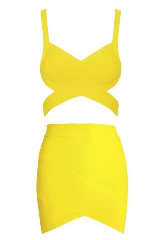 Woman wearing a figure flattering  Ang Bandage Top and Mini Skirt Set - Sun Yellow BODYCON COLLECTION