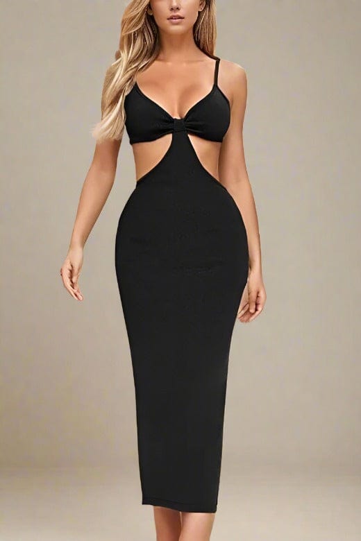 Woman wearing a figure flattering  Aria Bodycon Day Maxi Dress - Classic Black BODYCON COLLECTION