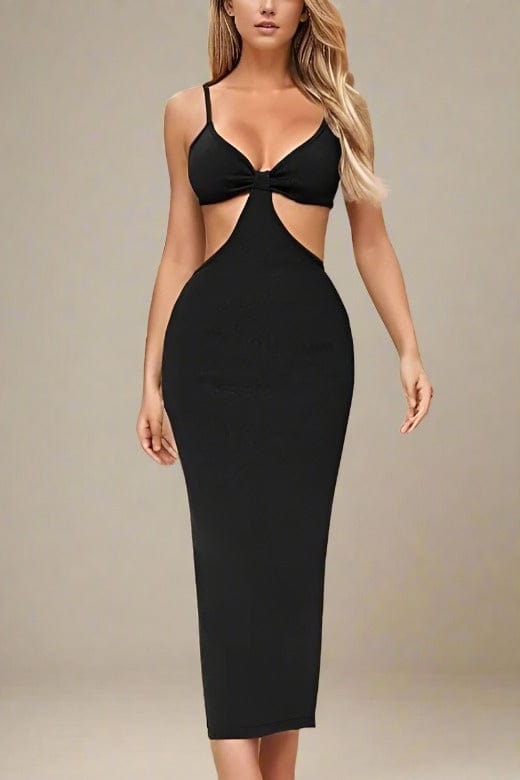 Woman wearing a figure flattering  Aria Bodycon Day Maxi Dress - Classic Black BODYCON COLLECTION