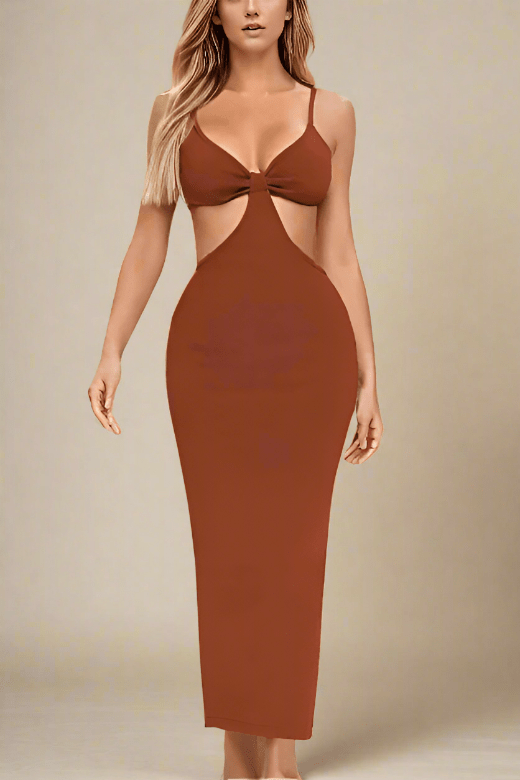 Woman wearing a figure flattering  Aria Bodycon Day Maxi Dress - Tan Brown BODYCON COLLECTION