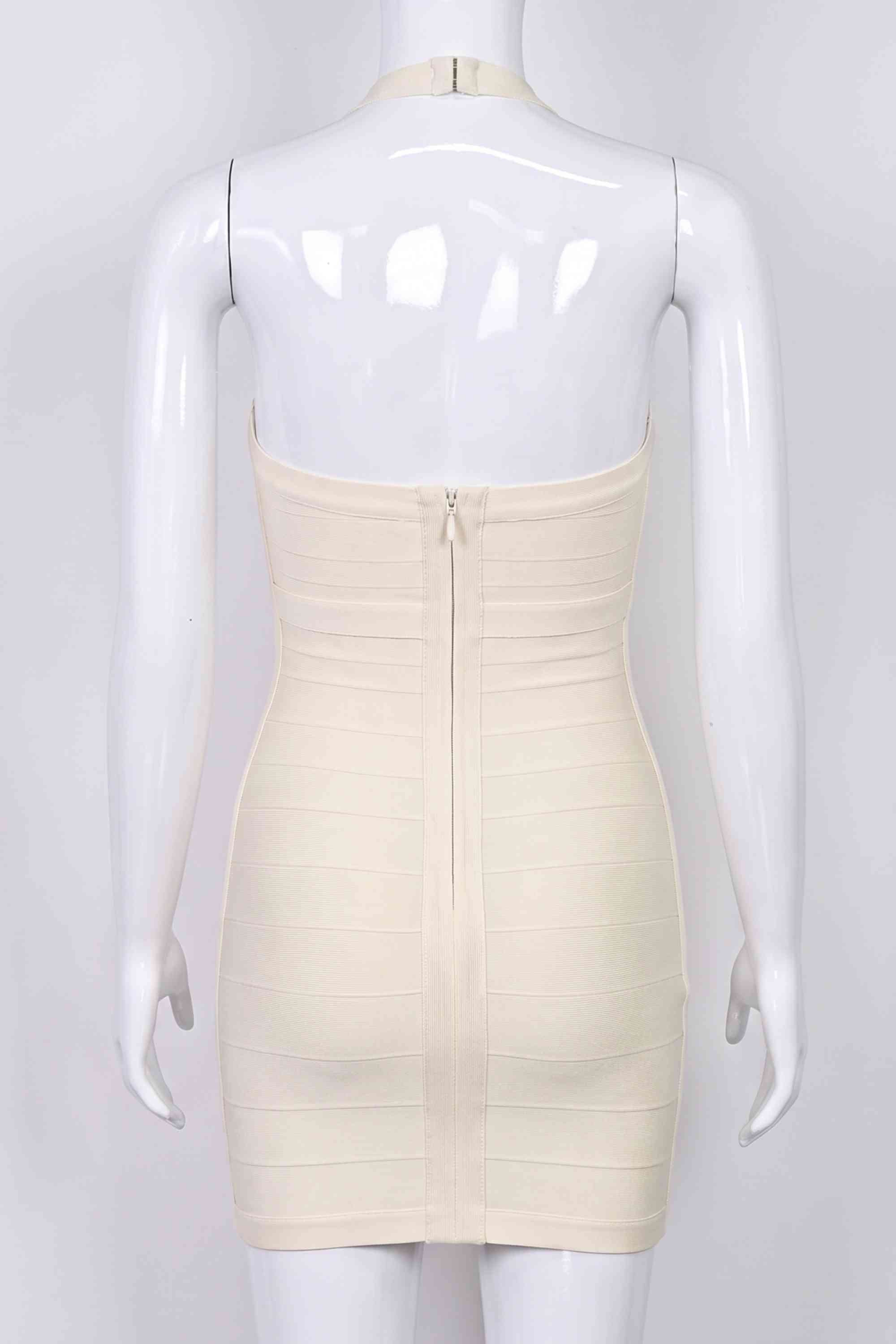 Woman wearing a figure flattering  Athena Bandage Mini Dress - Cream BODYCON COLLECTION Pty Ltd