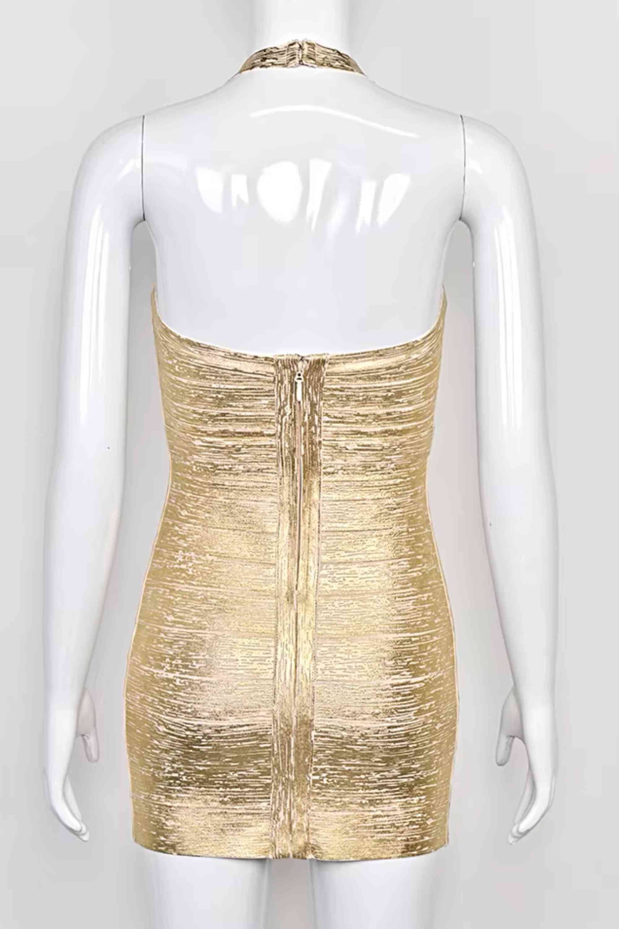 Woman wearing a figure flattering  Athena Bandage Mini Dress - Gold BODYCON COLLECTION Pty Ltd