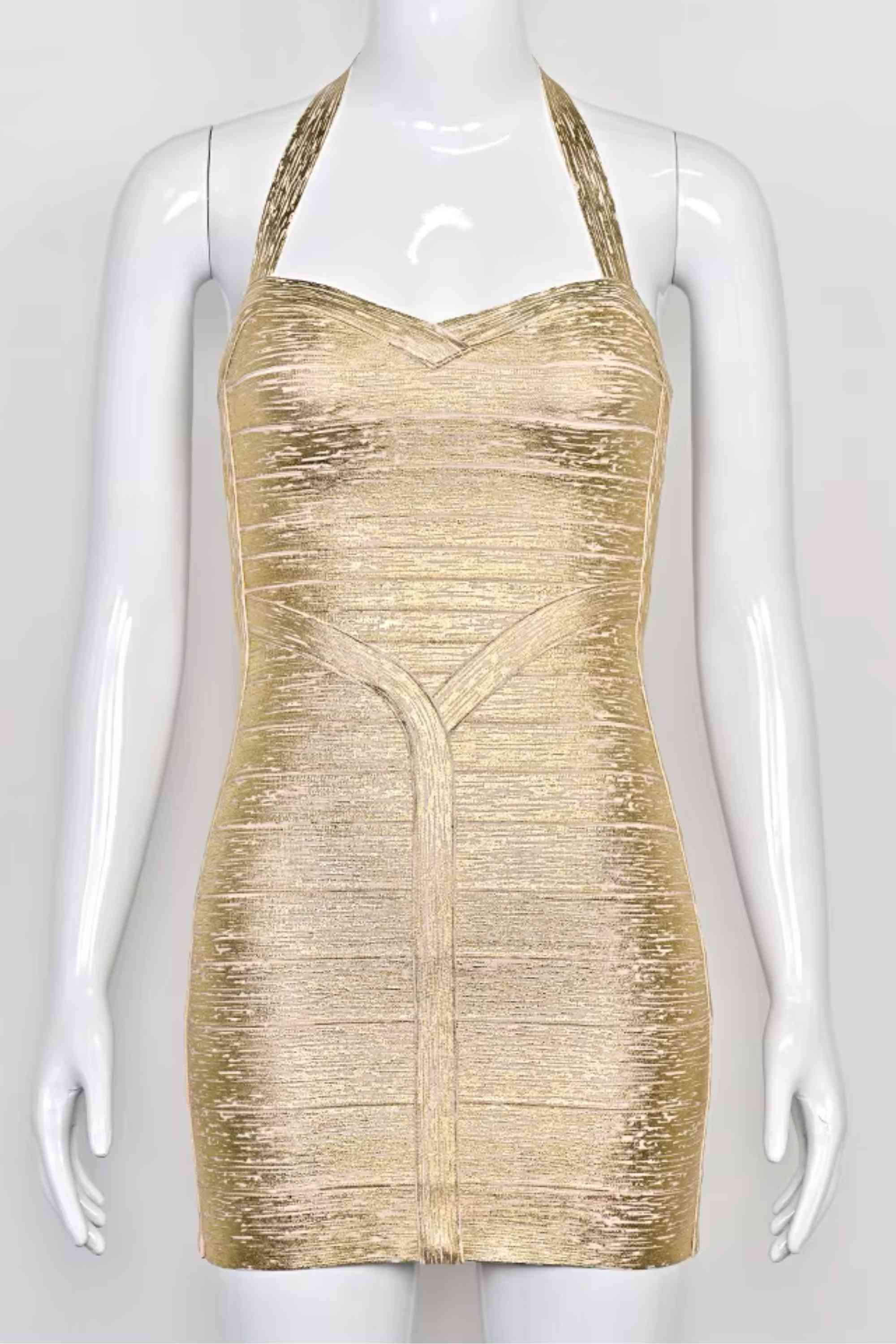 Woman wearing a figure flattering  Athena Bandage Mini Dress - Gold BODYCON COLLECTION Pty Ltd