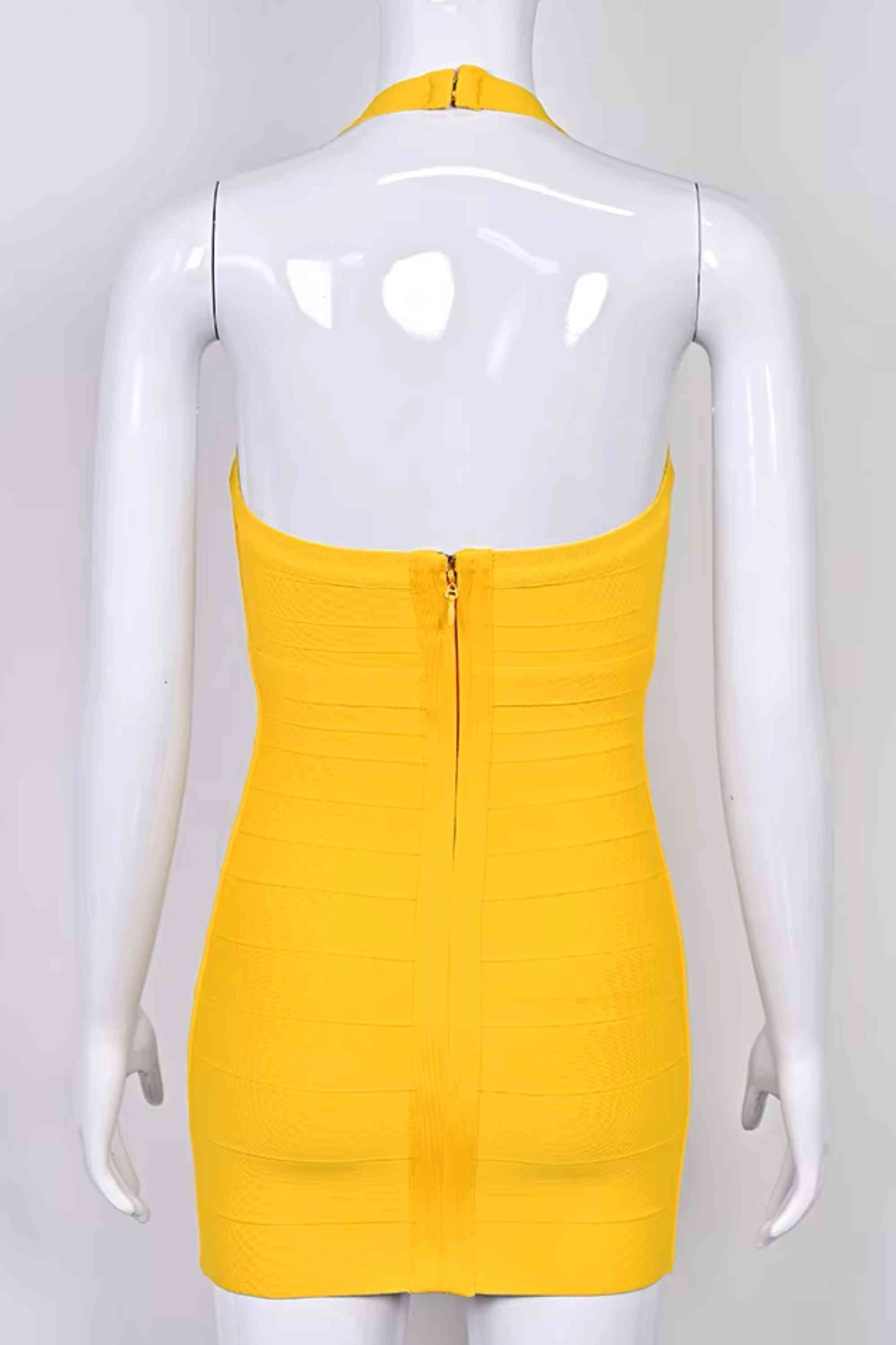 Woman wearing a figure flattering  Athena Bandage Mini Dress - Mustard Yellow BODYCON COLLECTION Pty Ltd