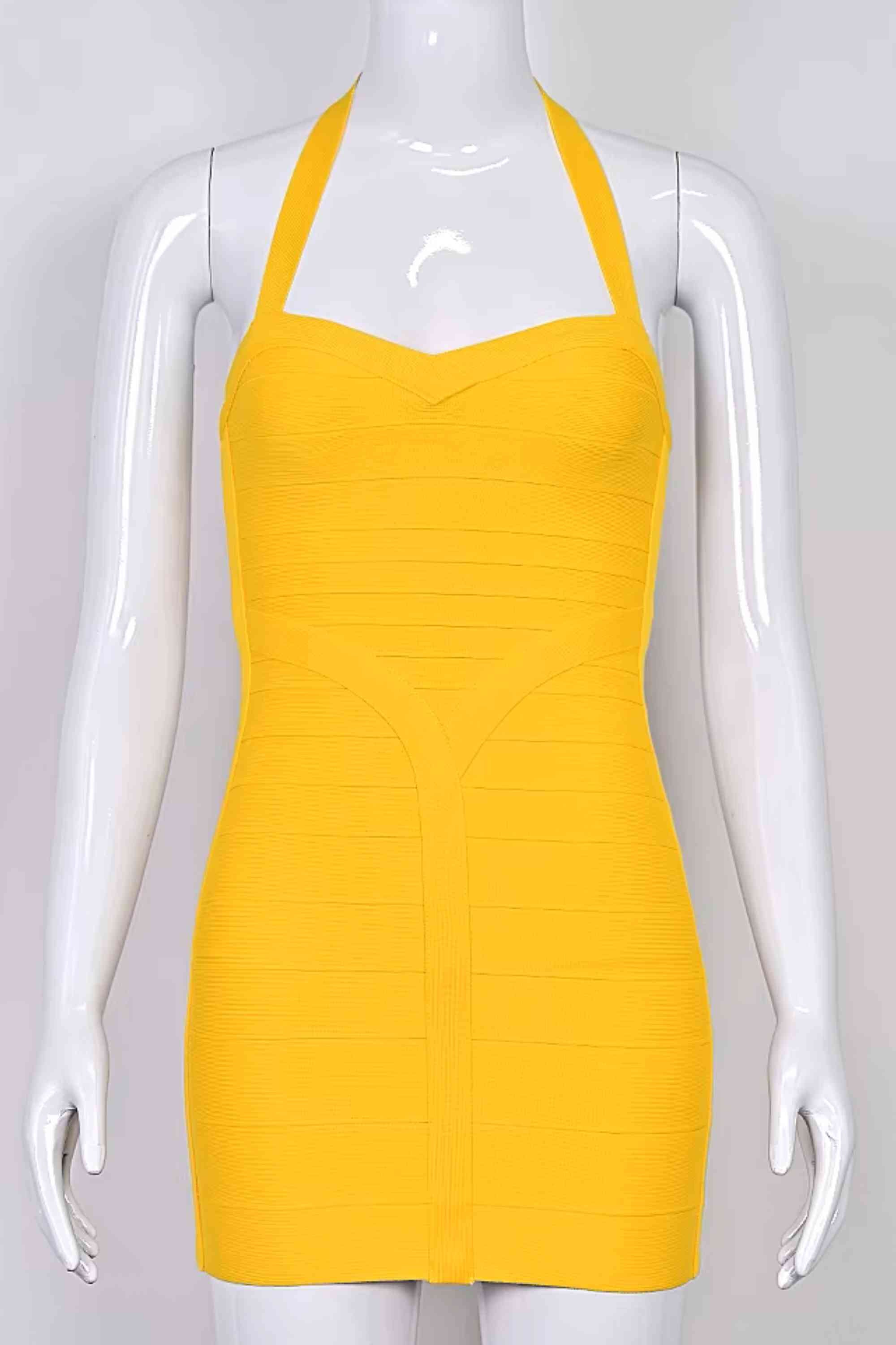 Woman wearing a figure flattering  Athena Bandage Mini Dress - Mustard Yellow BODYCON COLLECTION Pty Ltd
