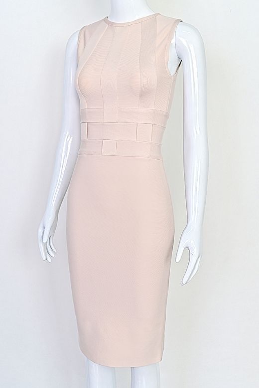 Woman wearing a figure flattering  Aurora Bandage Dress - Cream BODYCON COLLECTION Pty Ltd
