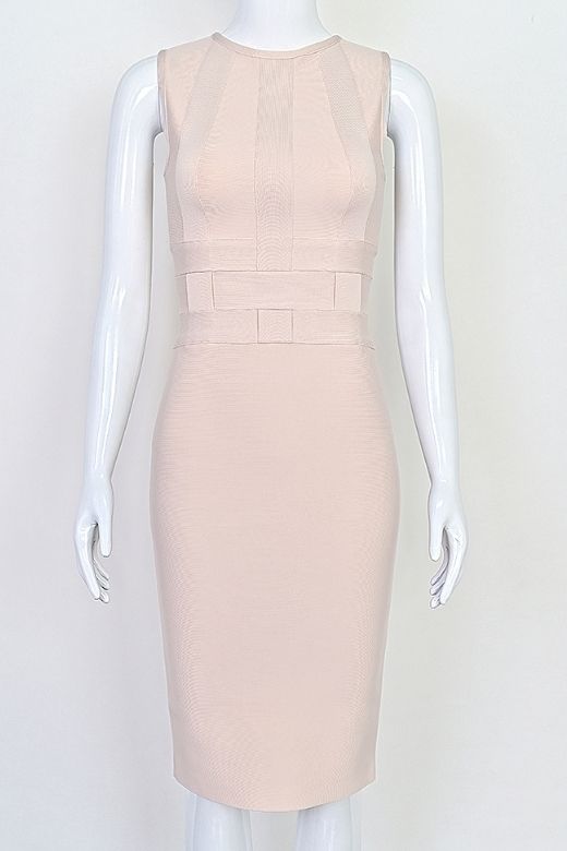 Woman wearing a figure flattering  Aurora Bandage Dress - Cream BODYCON COLLECTION Pty Ltd