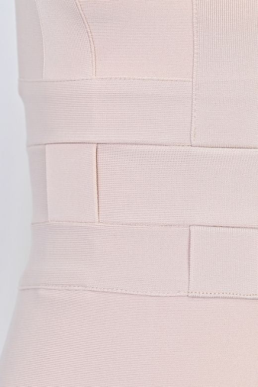 Woman wearing a figure flattering  Aurora Bandage Dress - Cream BODYCON COLLECTION Pty Ltd