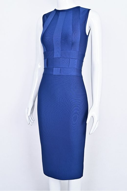 Woman wearing a figure flattering  Aurora Bandage Dress - Navy Blue BODYCON COLLECTION Pty Ltd