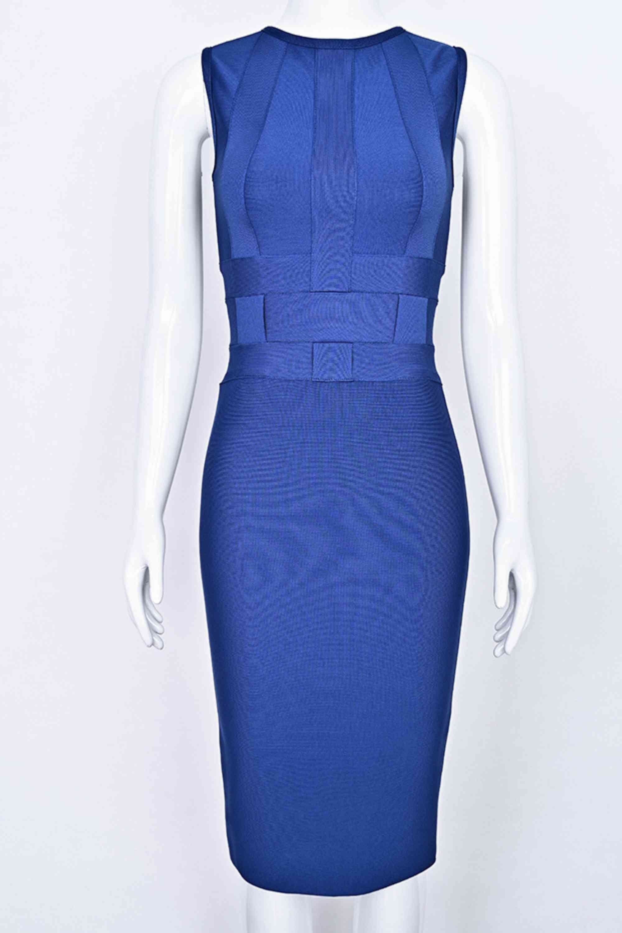 Woman wearing a figure flattering  Aurora Bandage Dress - Navy Blue BODYCON COLLECTION Pty Ltd