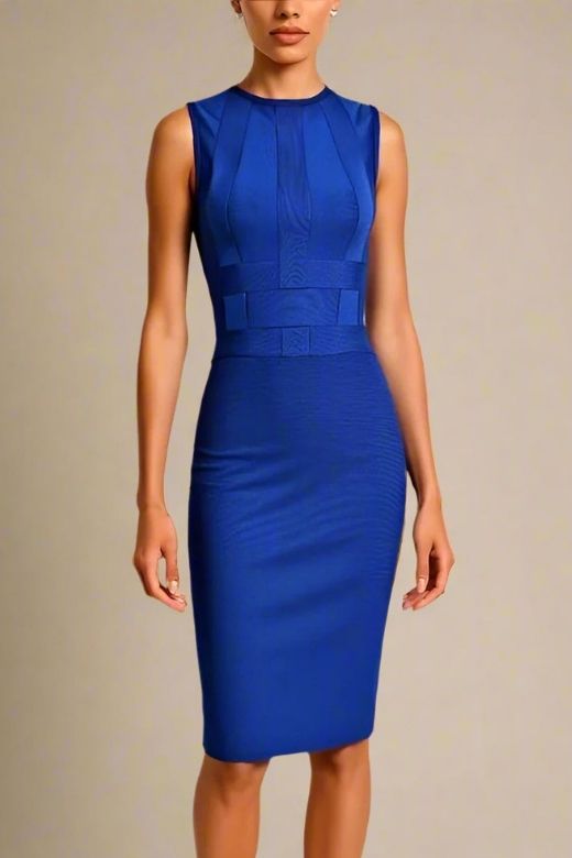 Woman wearing a figure flattering  Aurora Bandage Dress - Navy Blue BODYCON COLLECTION Pty Ltd