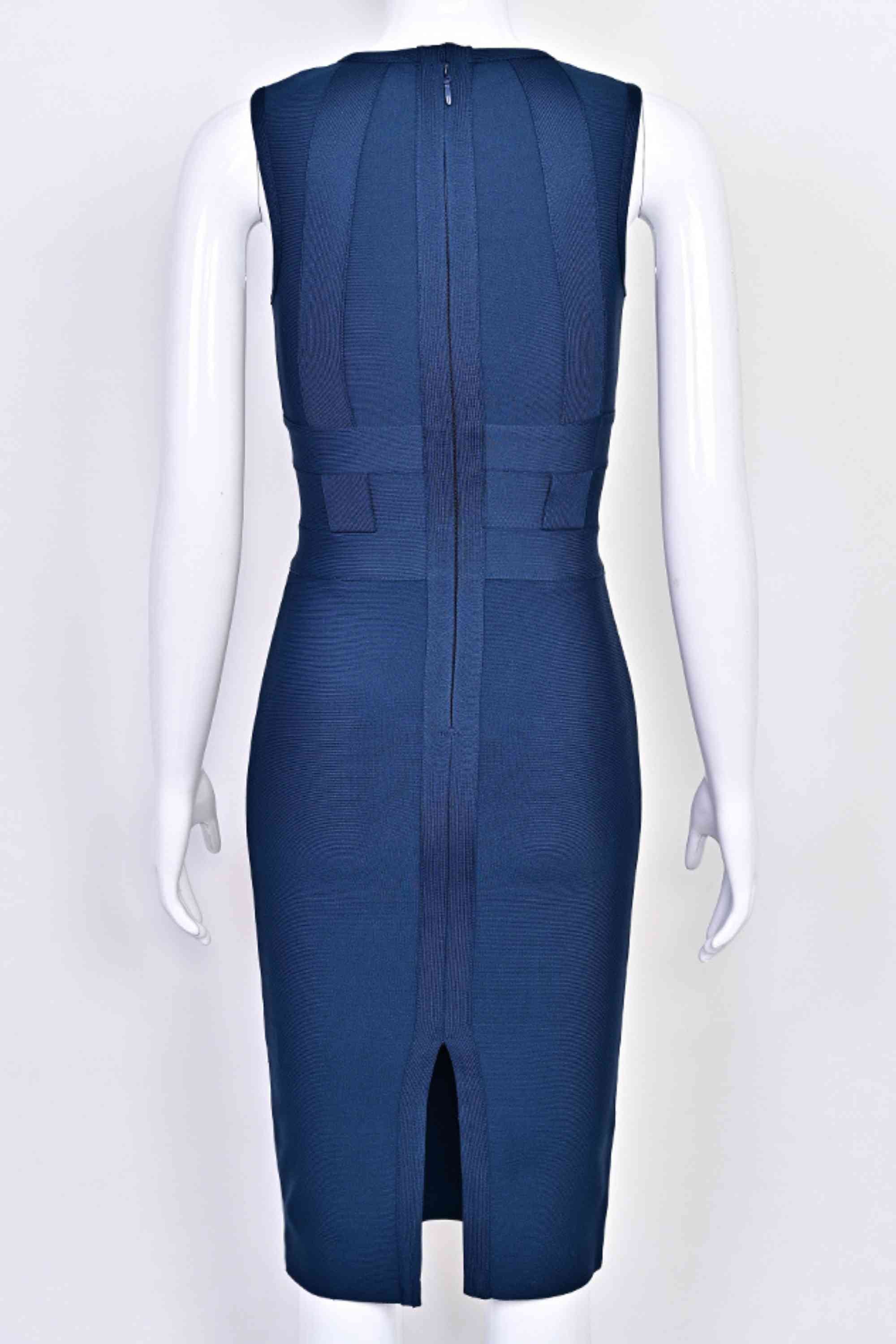 Woman wearing a figure flattering  Aurora Bandage Dress - Navy Blue BODYCON COLLECTION Pty Ltd