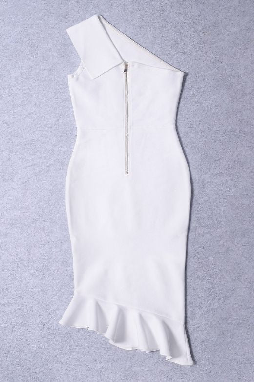 Woman wearing a figure flattering  Avery Bandage Dress - White Pearl BODYCON COLLECTION